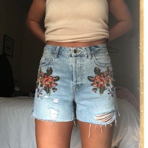 Embroidered Distressed Jean Shorts
